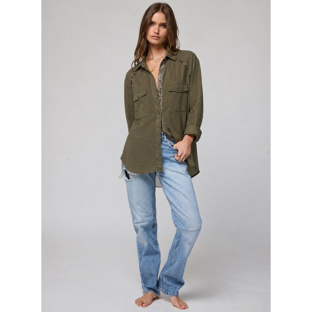 Free People Off Campus Moss Olive Shirt Metallic Trim Button Down Army M